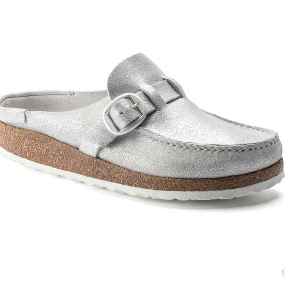 Birkenstock Shoes - Birkenstock 38 Buckley Leather Suede Slip on Clog in Washed Silver